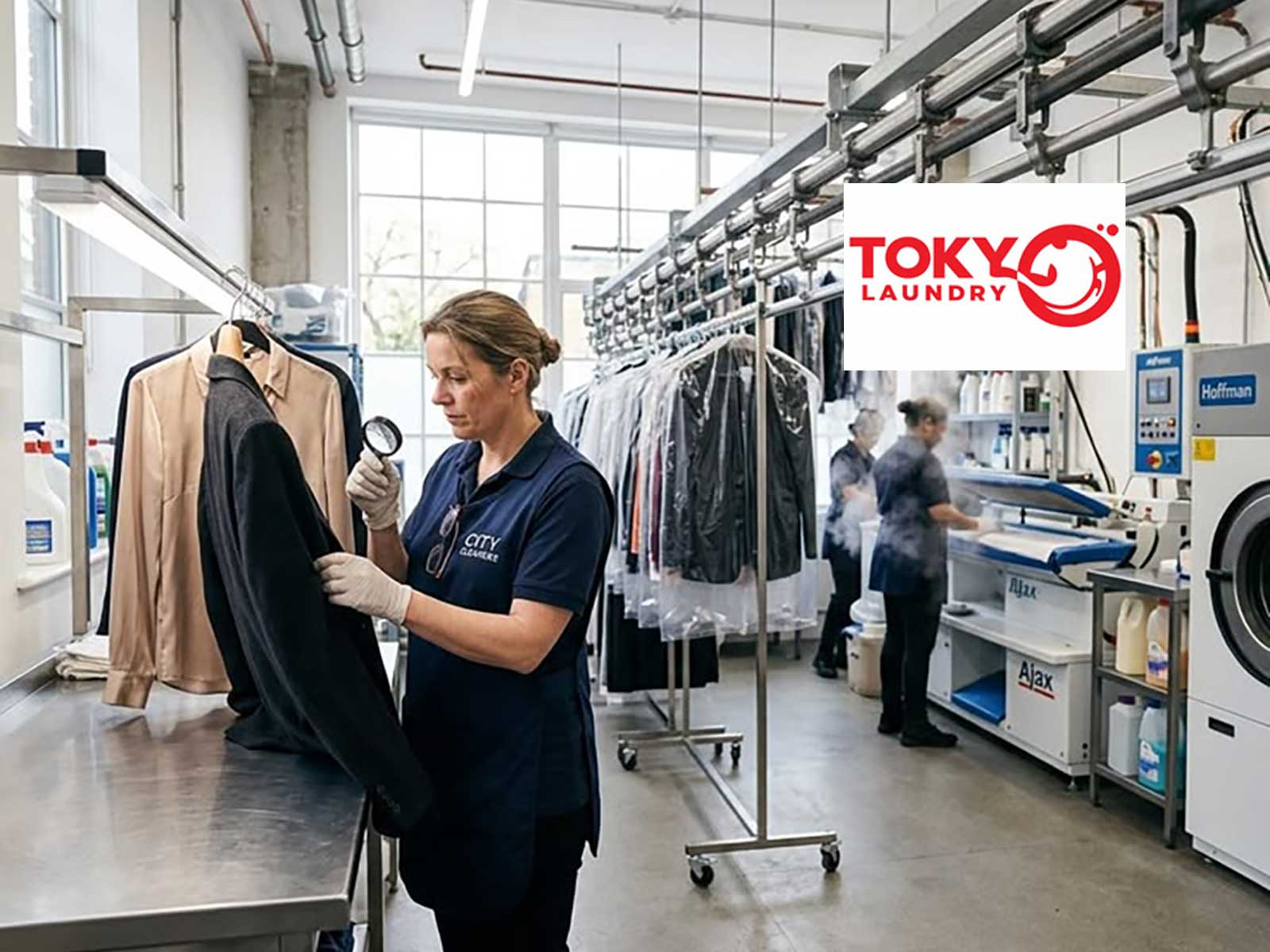 Nhân viên kiểm tra kỹ bề mặt vải áo vest đen tại cơ sở giặt áo vest tại Kim Ngưu