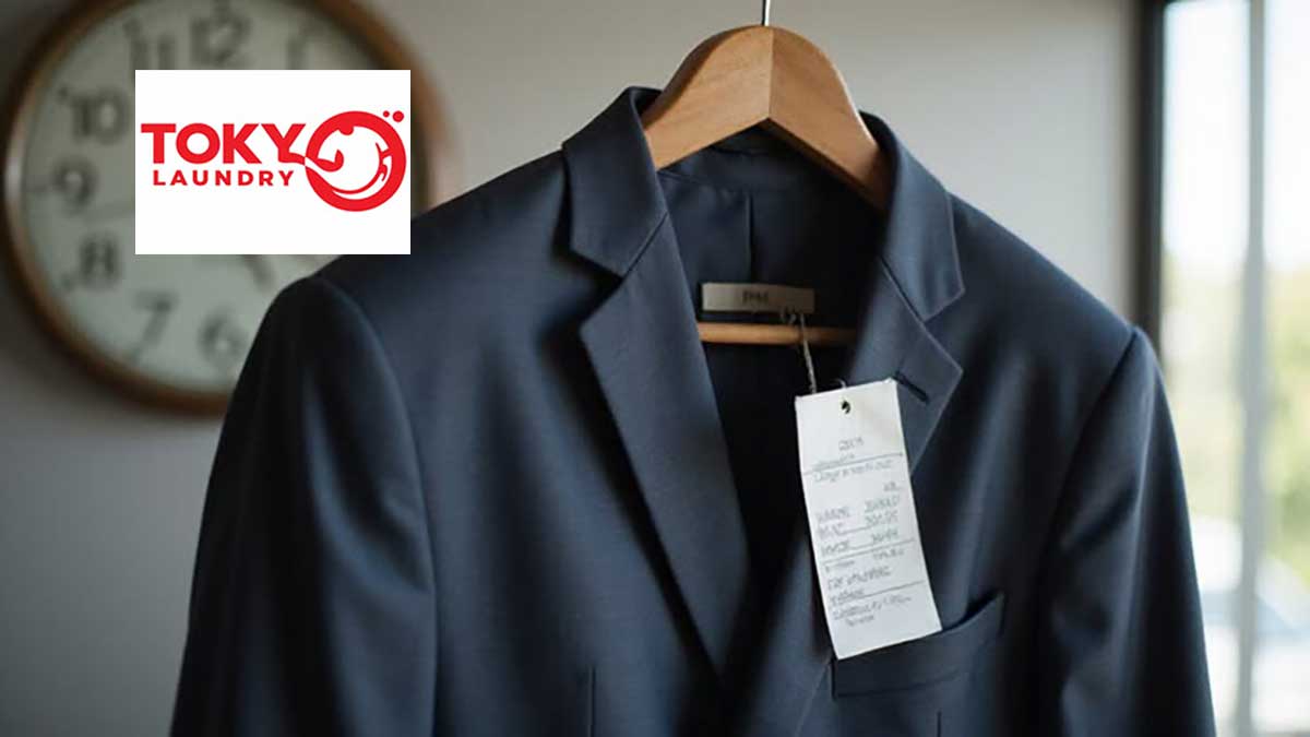 Áo vest xanh đen phẳng phiu treo trên móc gỗ nhờ dịch vụ giặt áo vest tại Kim Ngưu