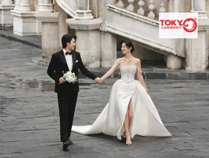 Cô dâu rạng rỡ diện váy cưới lụa xẻ tà sạch đẹp sau khi giặt váy cưới tại phố 8/3