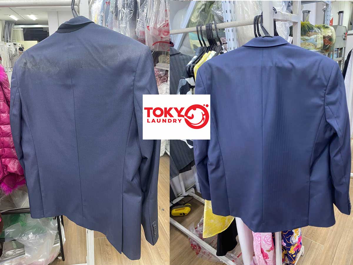 Sự khác biệt trước và sau khi chiếc áo vest được xử lý tại Giặt Là Tokyo